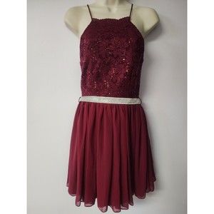 MISS KIM Women Size S Red Dress Sequin Spaghetti Strap Cocktail Party Belted